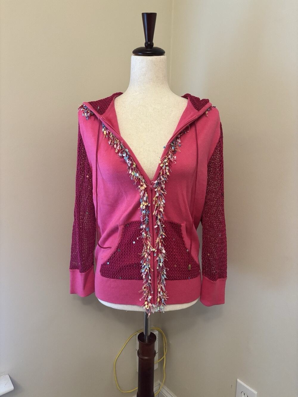 Just B Womens Size Large Unique Zip Front Hooded Sweater Vintage Sequins